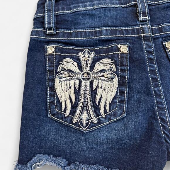Stella In Dreams Y2K Blue Mid Rise Shorts w Rhinestone Angel Wing Cross Patches - Picture 5 of 7